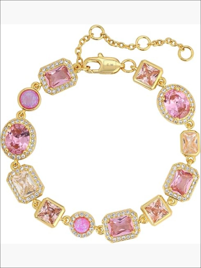 18k Gold Plated Cz Gemstone Charm Link Bracelet With Extender